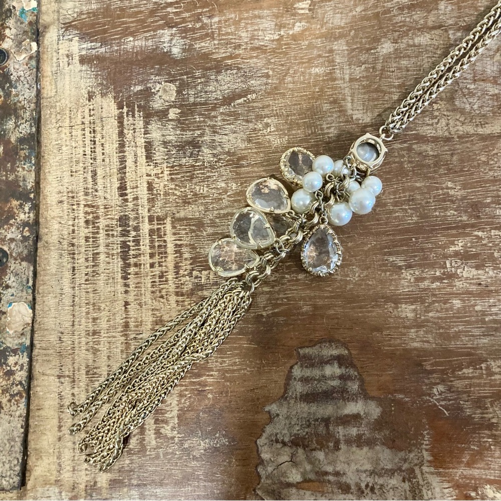 WHBM Gold Tone Tassel and Chain Necklace Faux Crystals Faux Pearls Long - Picture 11 of 13